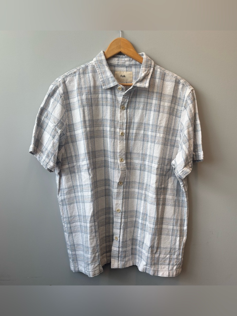 Folk Camp Shirt Linen Blend Short Sleeve Plaid Button Down Large